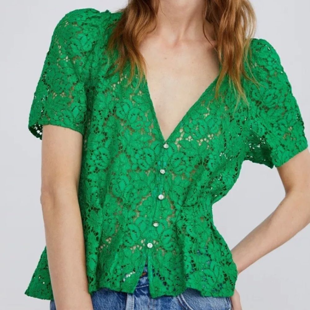 Green Lace Zara Top with Bling Buttons
